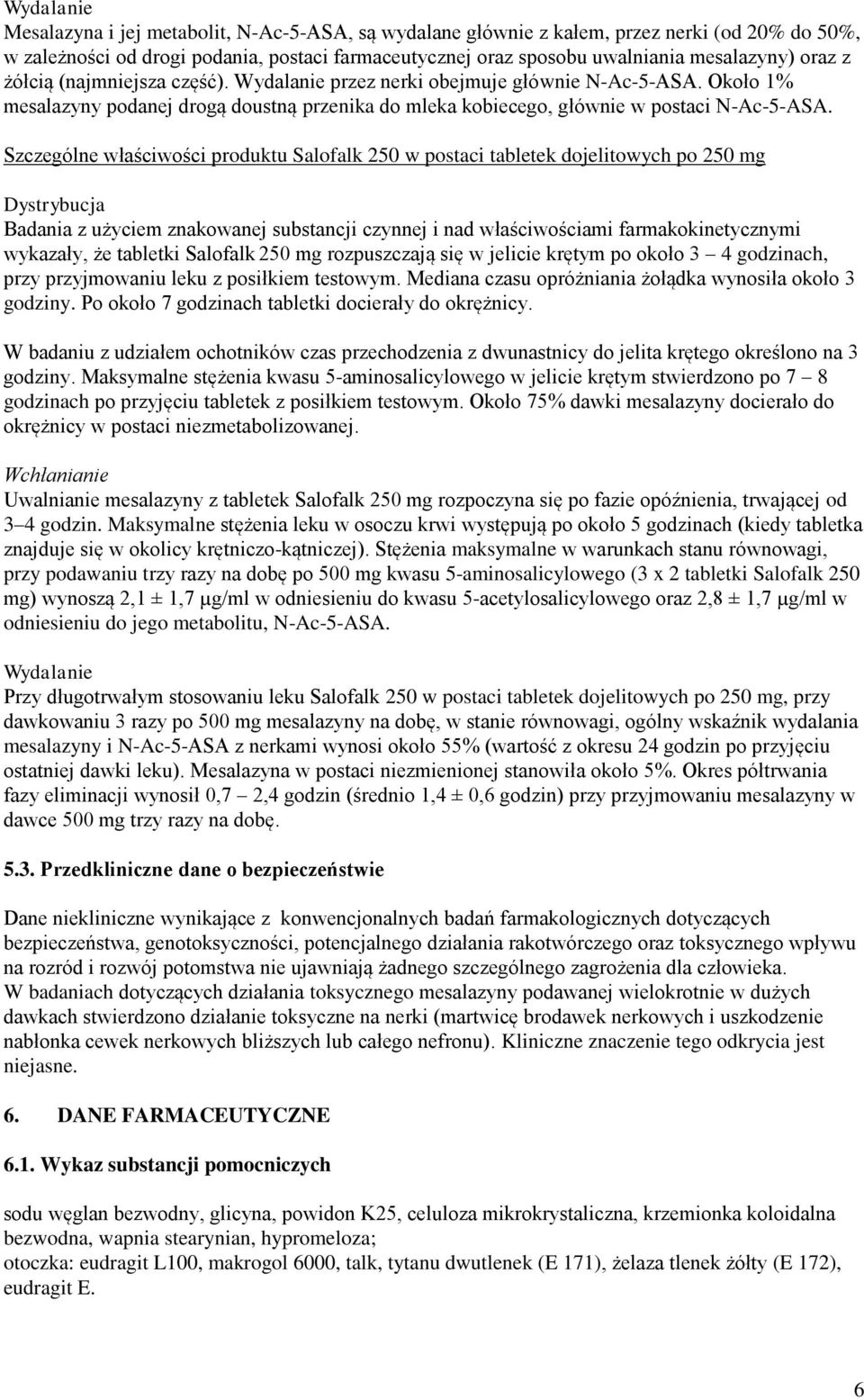 Szczególne właściwości produktu Salofalk 250 w postaci tabletek dojelitowych po 250 mg Dystrybucja Badania z użyciem znakowanej substancji czynnej i nad właściwościami farmakokinetycznymi wykazały,