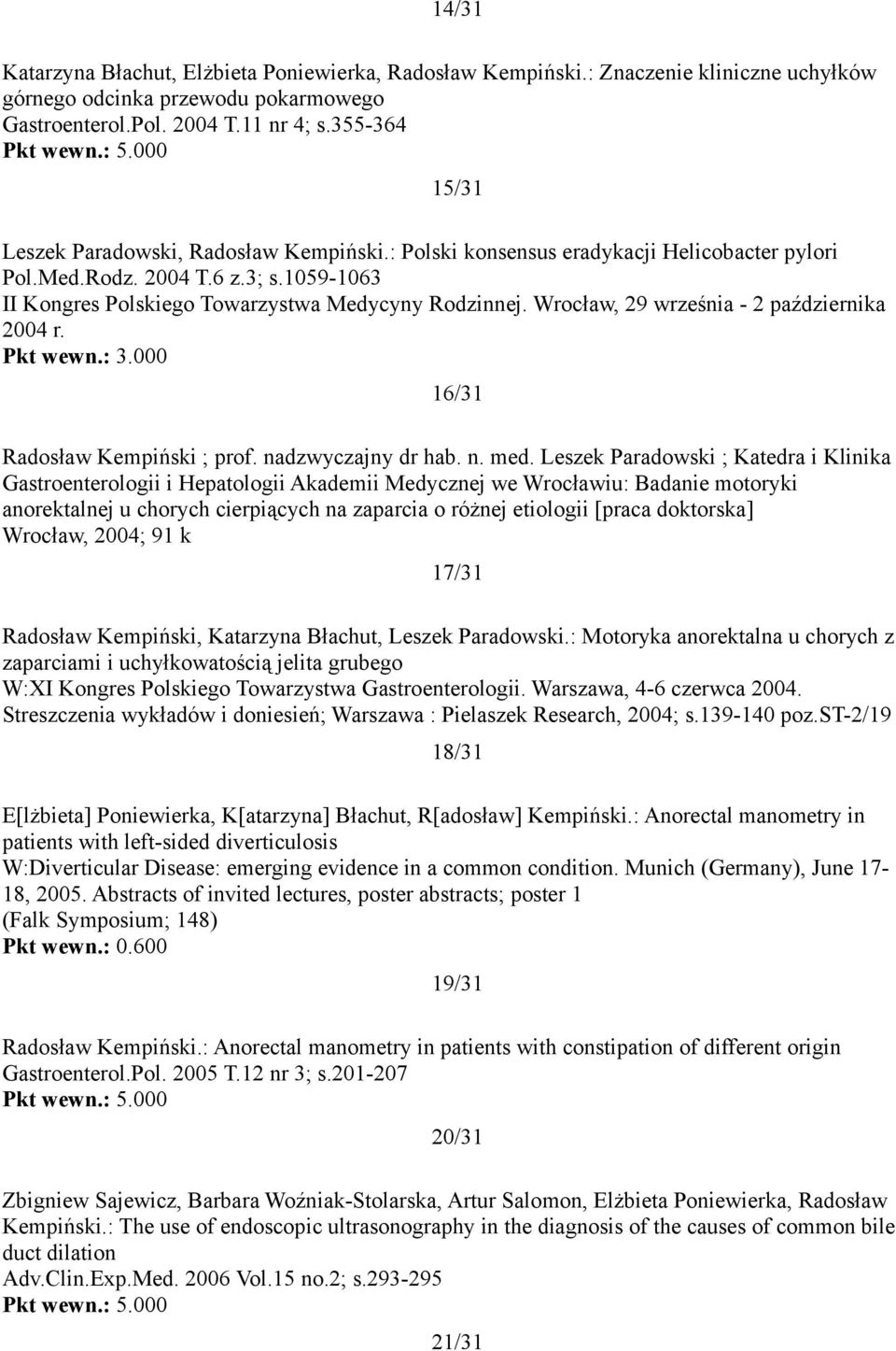 Wrocław, 29 września - 2 października 2004 r. 16/31 Radosław Kempiński ; prof. nadzwyczajny dr hab. n. med.