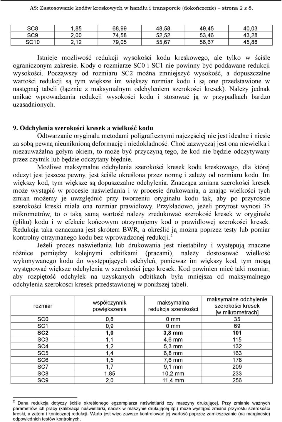 Kody o rozmiarze SC0 i SC1 nie powinny być poddawane redukcji wysokości.