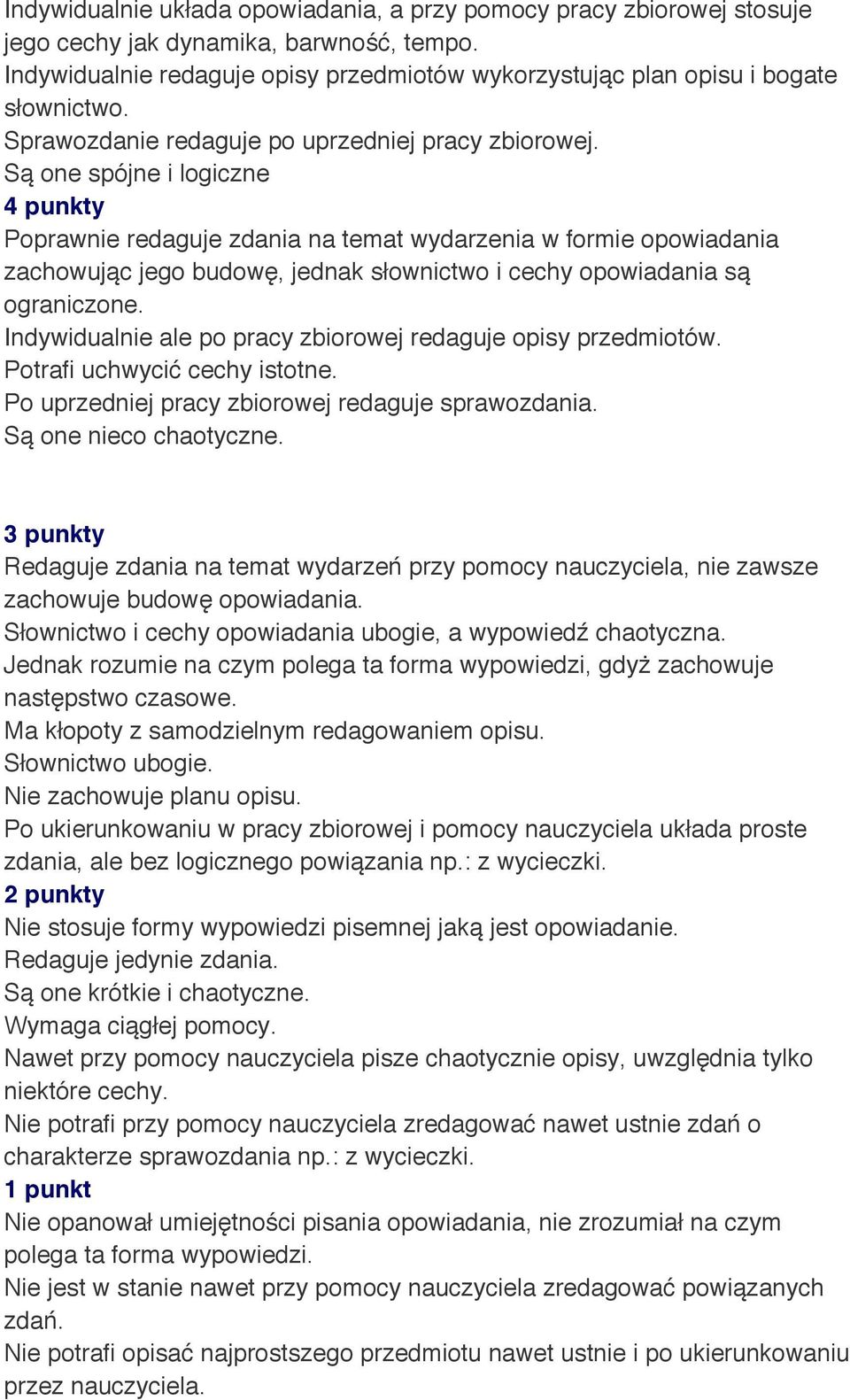 Są one spójne i logiczne Poprawnie redaguje zdania na temat wydarzenia w formie opowiadania zachowując jego budowę, jednak słownictwo i cechy opowiadania są ograniczone.