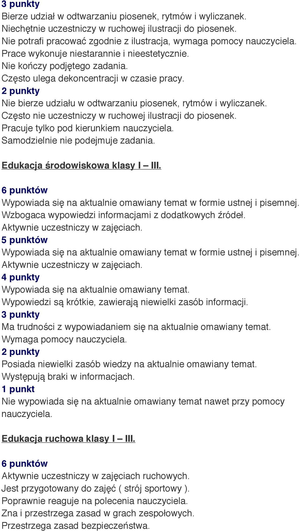 Często nie uczestniczy w ruchowej ilustracji do piosenek. Pracuje tylko pod kierunkiem nauczyciela. Samodzielnie nie podejmuje zadania. Edukacja środowiskowa klasy I III.