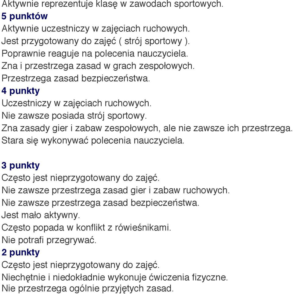 Zna zasady gier i zabaw zespołowych, ale nie zawsze ich przestrzega. Stara się wykonywać polecenia nauczyciela. Często jest nieprzygotowany do zajęć.