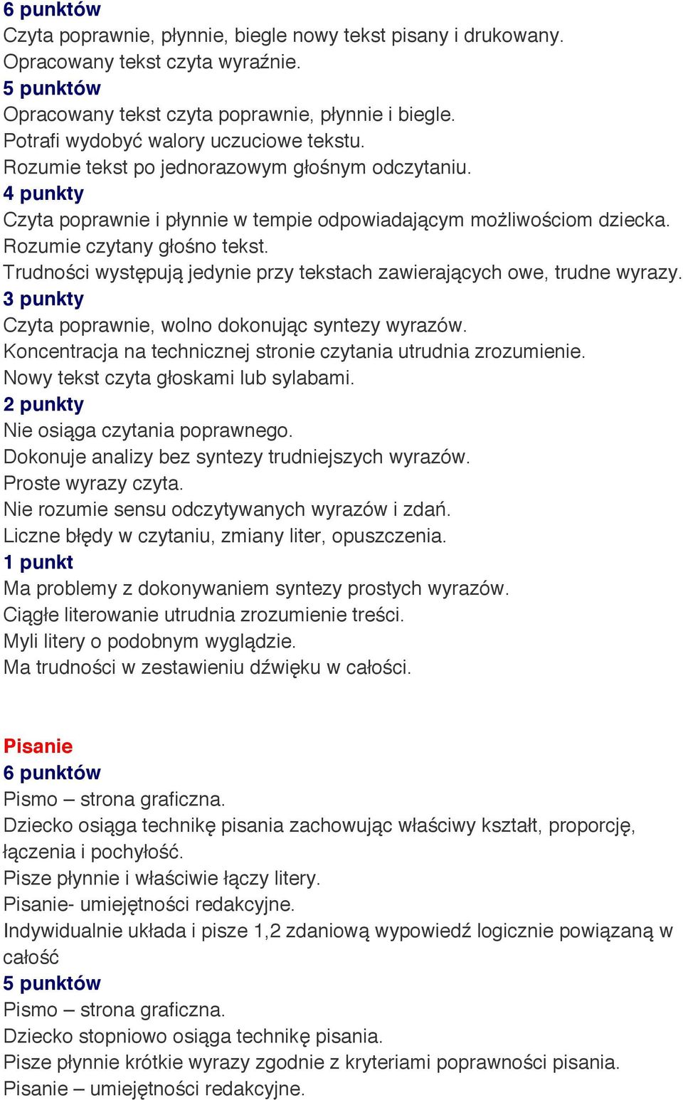 Trudności występują jedynie przy tekstach zawierających owe, trudne wyrazy. Czyta poprawnie, wolno dokonując syntezy wyrazów. Koncentracja na technicznej stronie czytania utrudnia zrozumienie.