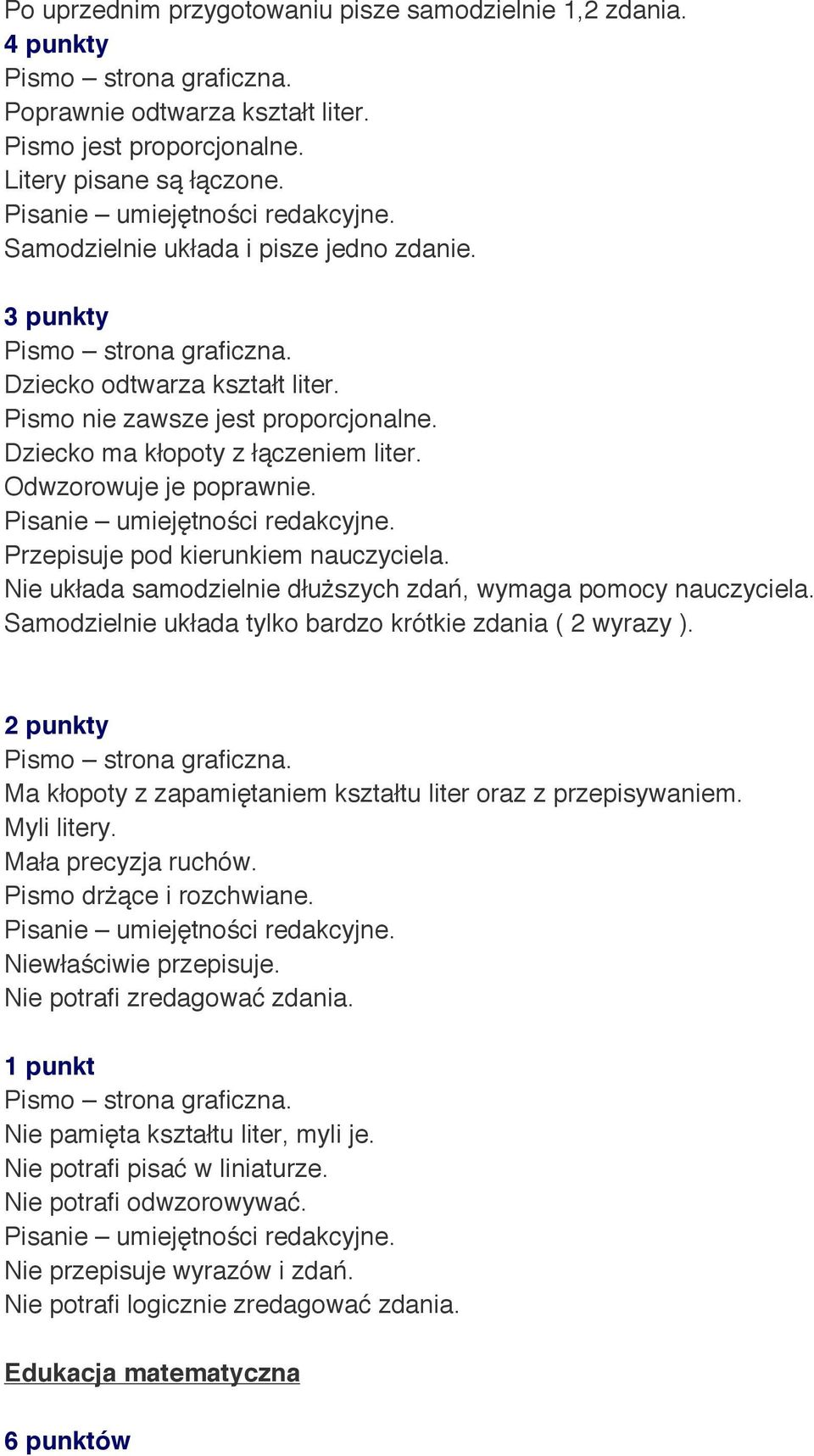 Dziecko ma kłopoty z łączeniem liter. Odwzorowuje je poprawnie. Pisanie umiejętności redakcyjne. Przepisuje pod kierunkiem nauczyciela.