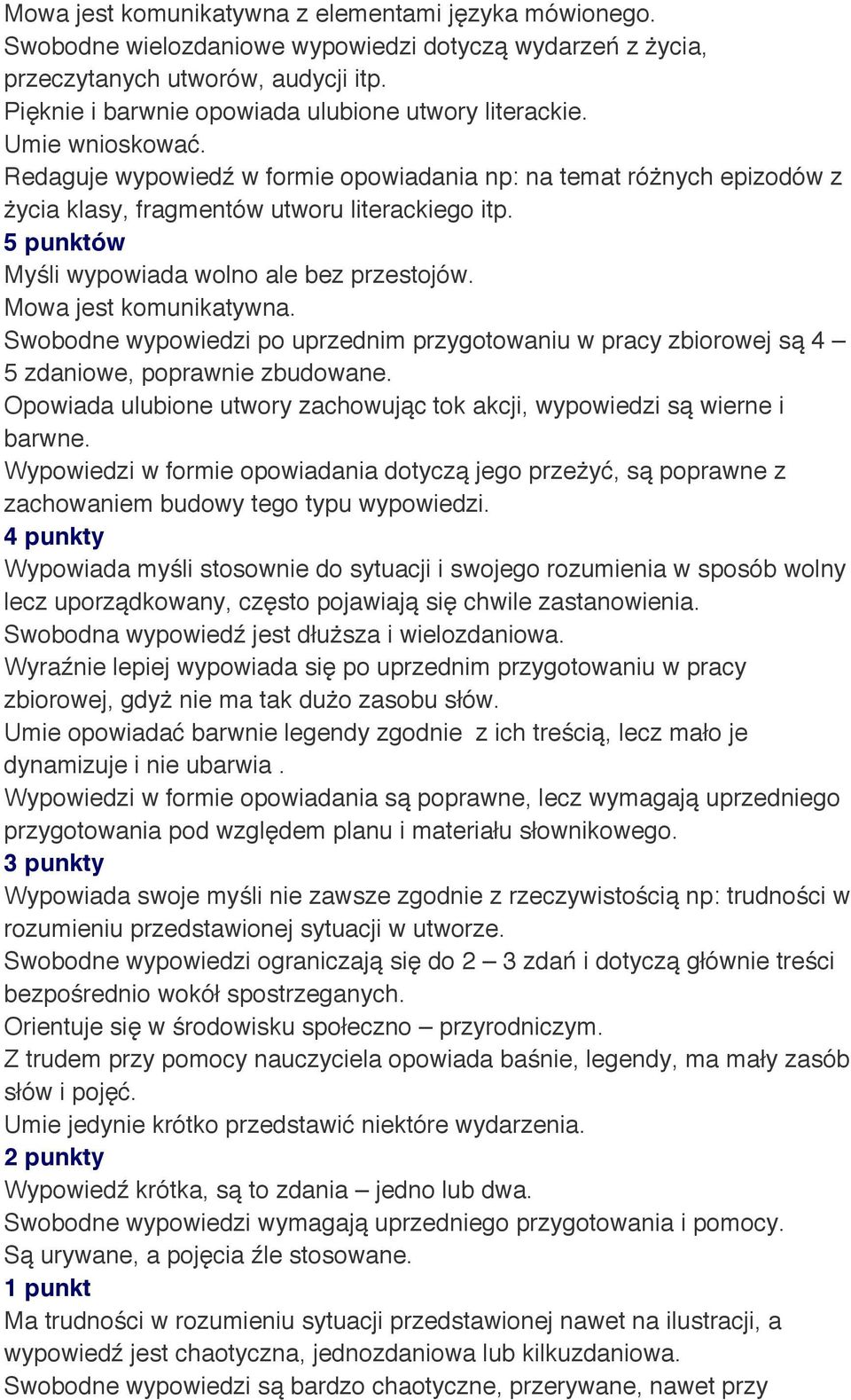 Myśli wypowiada wolno ale bez przestojów. Mowa jest komunikatywna. Swobodne wypowiedzi po uprzednim przygotowaniu w pracy zbiorowej są 4 5 zdaniowe, poprawnie zbudowane.
