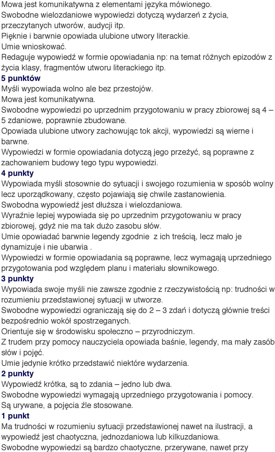 Myśli wypowiada wolno ale bez przestojów. Mowa jest komunikatywna. Swobodne wypowiedzi po uprzednim przygotowaniu w pracy zbiorowej są 4 5 zdaniowe, poprawnie zbudowane.