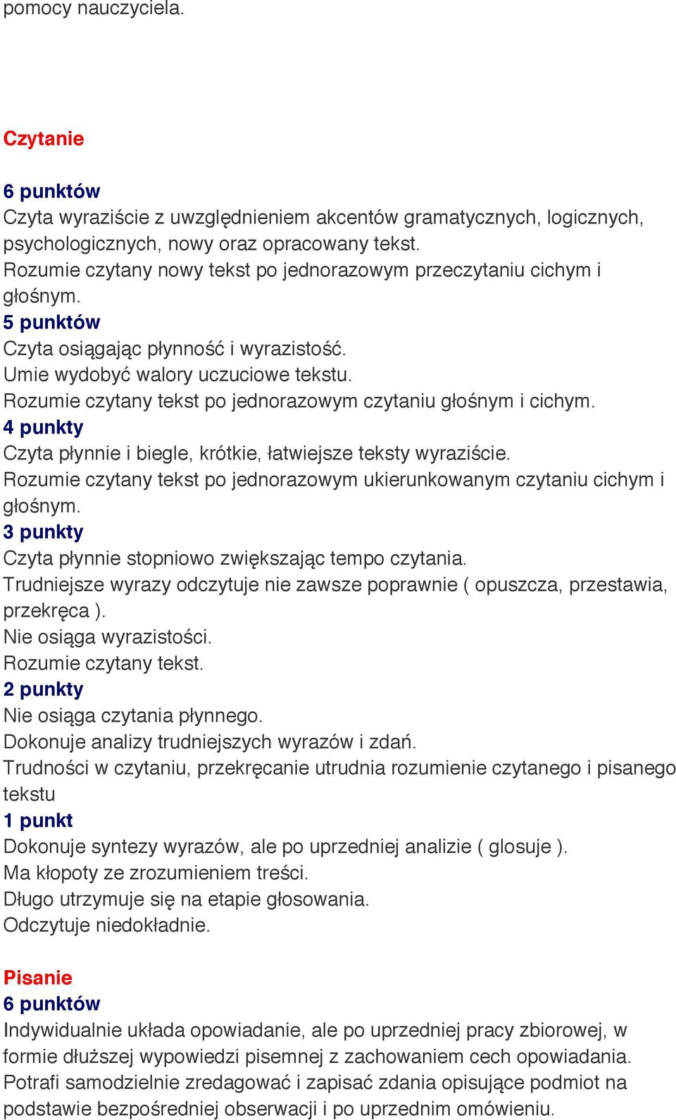 Rozumie czytany tekst po jednorazowym czytaniu głośnym i cichym. Czyta płynnie i biegle, krótkie, łatwiejsze teksty wyraziście.