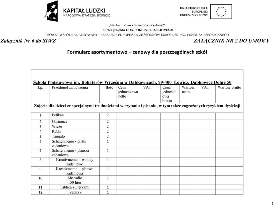 Przedmiot zamówienia Ilość Cena VAT Cena Wartość VAT Wartość brutto jednostkowa netto jednostk owa brutto netto Zajęcia dla dzieci ze specjalnymi trudnościami w czytaniu