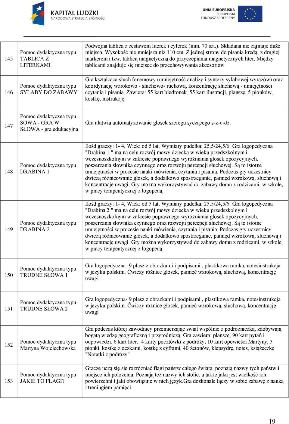 Między tablicami znajduje się miejsce do przechowywania akcesoriów Gra kształcąca słuch fonemowy (umiejętność analizy i syntezy sylabowej wyrazów) oraz koordynację wzrokowo - słuchowo- ruchową,