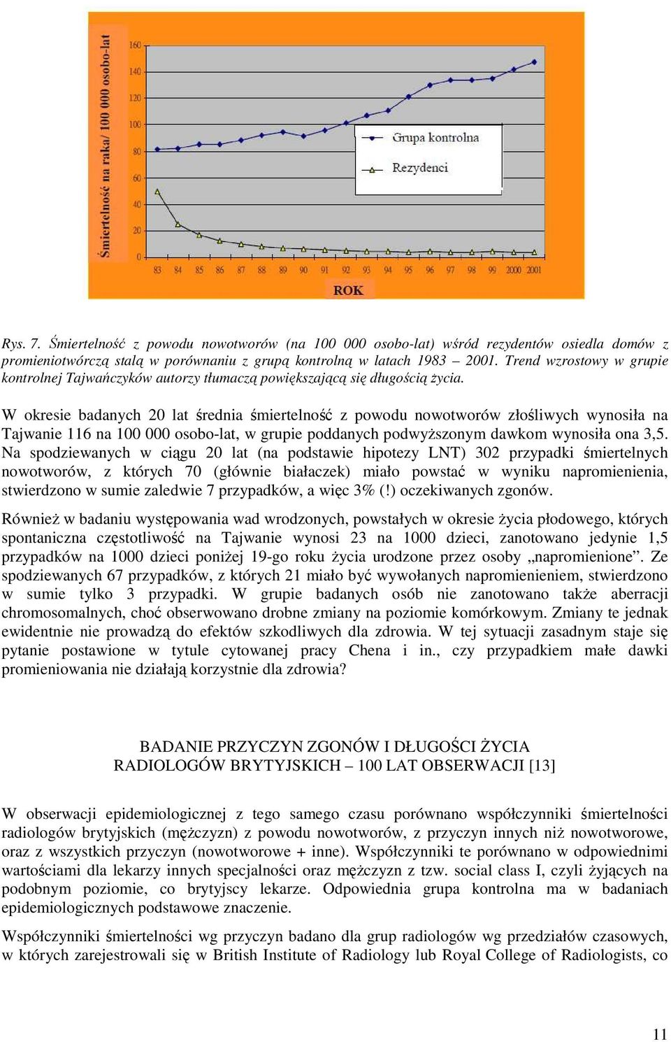 W okresie badanych 20 lat średnia śmiertelność z powodu nowotworów złośliwych wynosiła na Tajwanie 116 na 100 000 osobo-lat, w grupie poddanych podwyŝszonym dawkom wynosiła ona 3,5.