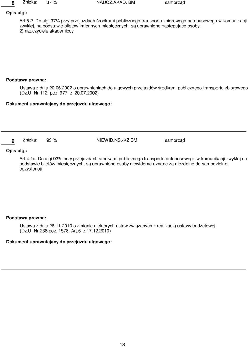 uprawnione następujące osoby: 2) nauczyciele akademiccy 9 Zniżka: 93 % NIEWID.NS.-KZ BM samorząd Art.4.1a.