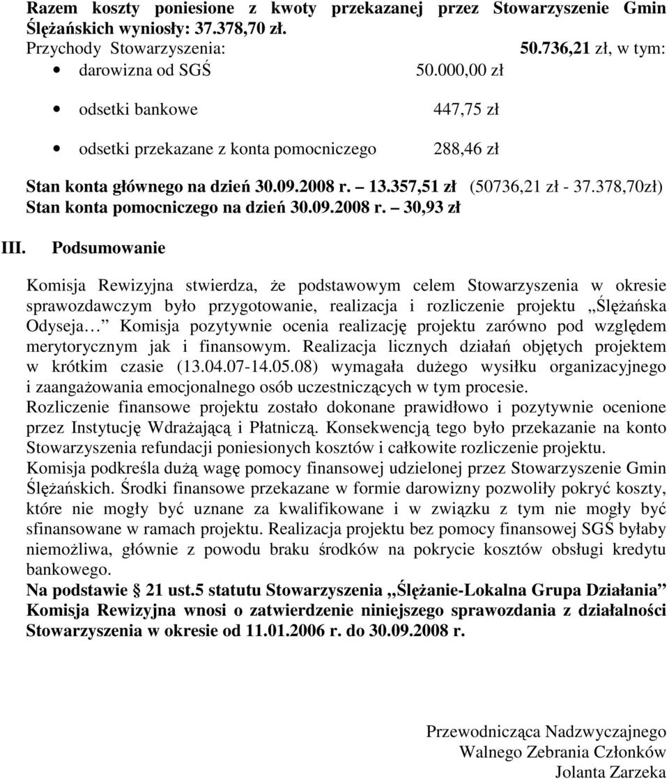 378,70zł) Stan konta pomocniczego na dzień 30.09.2008 r. 30,93 zł III.