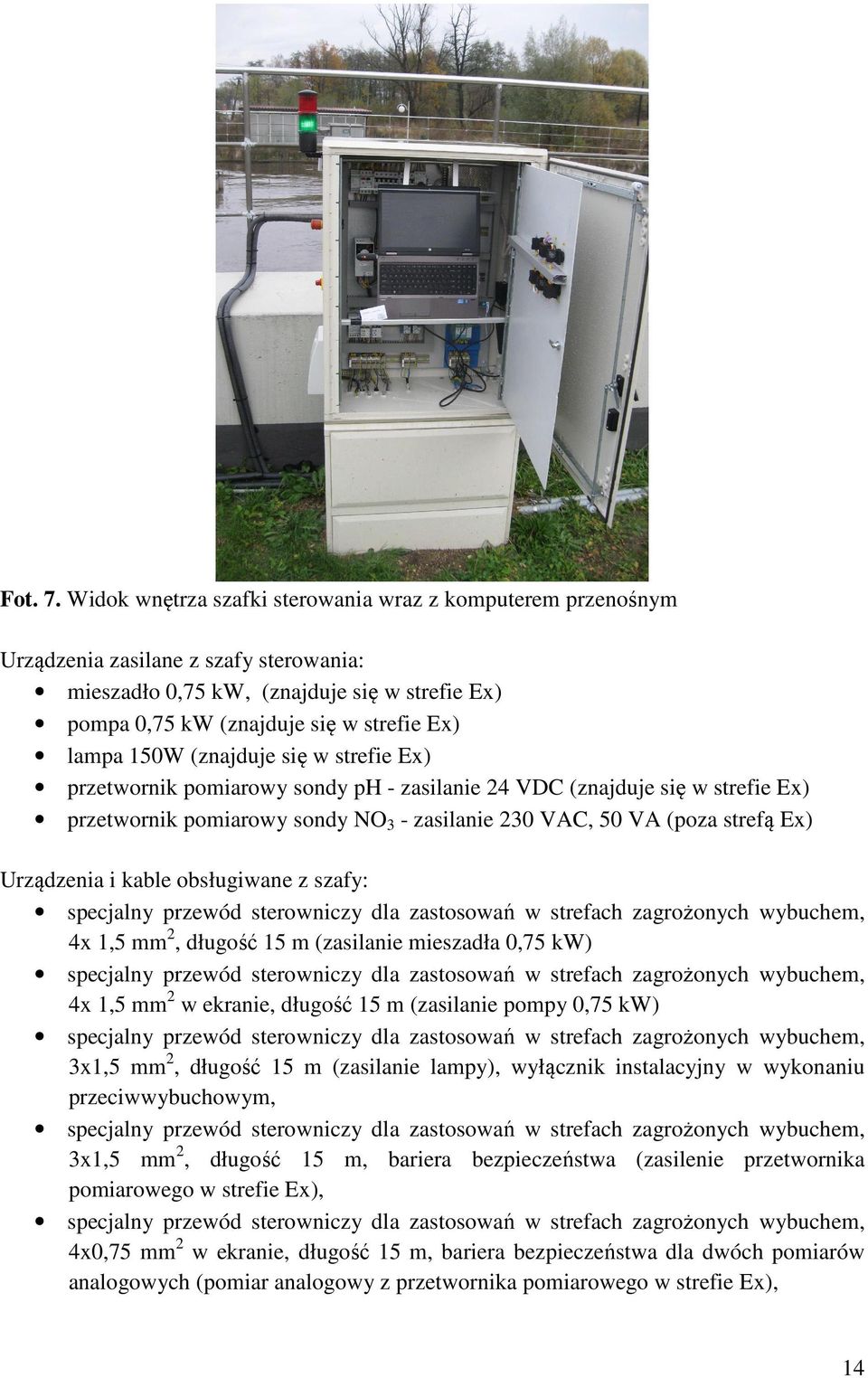 150W (znajduje się w strefie Ex) przetwornik pomiarowy sondy ph - zasilanie 24 VDC (znajduje się w strefie Ex) przetwornik pomiarowy sondy NO 3 - zasilanie 230 VAC, 50 VA (poza strefą Ex) Urządzenia