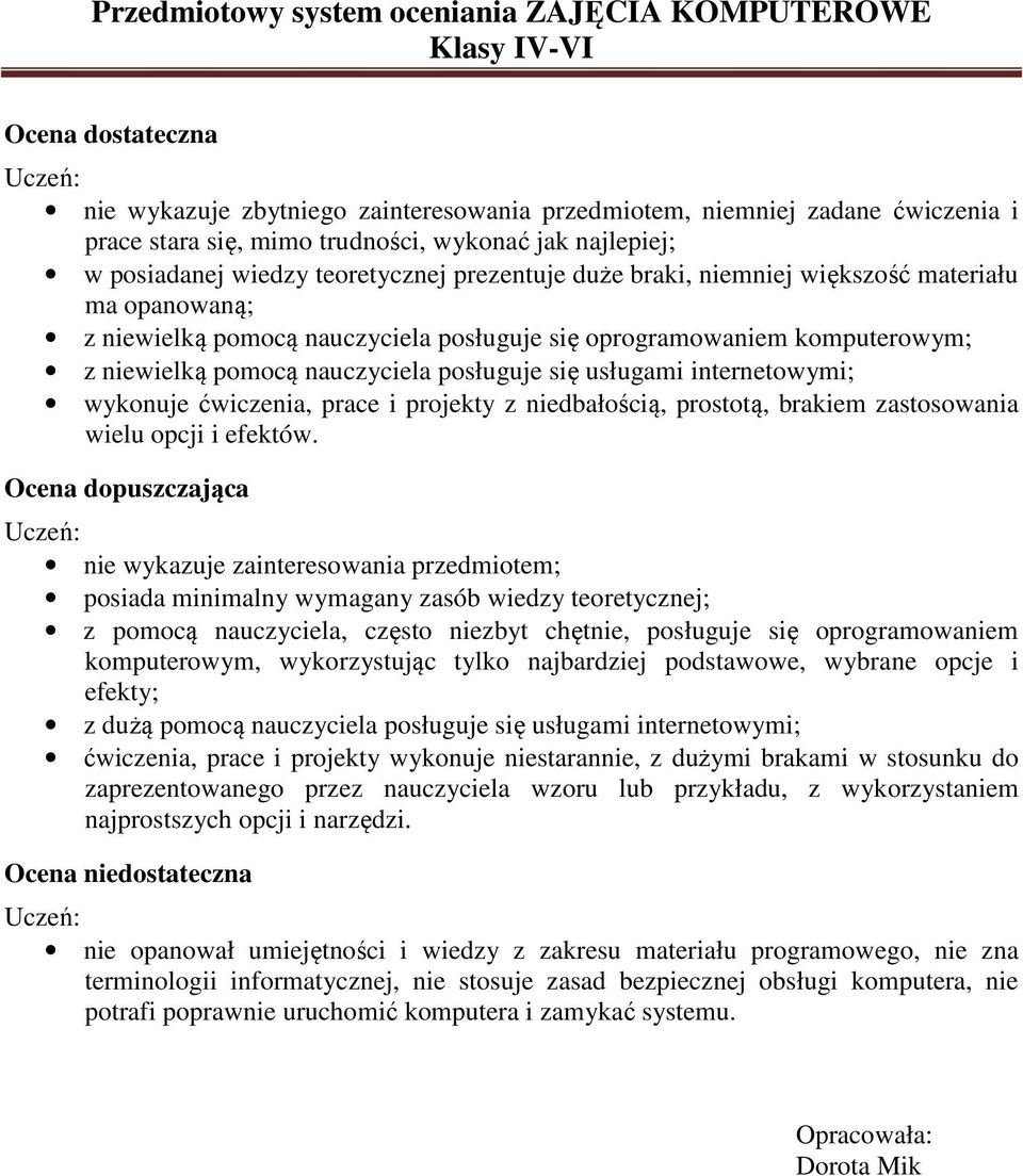 wykonuje ćwiczenia, prace i projekty z niedbałością, prostotą, brakiem zastosowania wielu opcji i efektów.