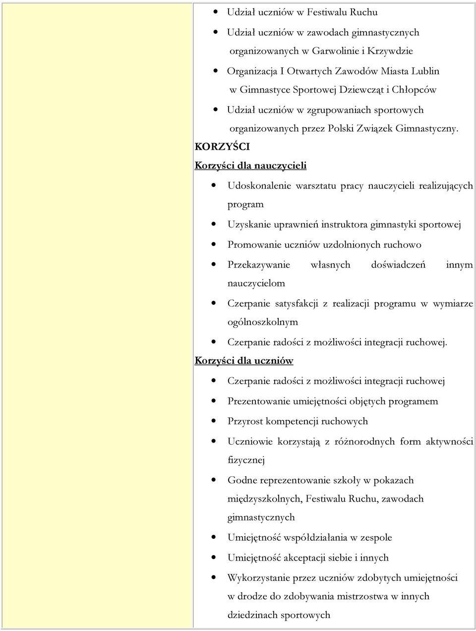 KORZYŚCI Korzyści dla nauczycieli Udoskonalenie warsztatu pracy nauczycieli realizujących program Uzyskanie uprawnień instruktora gimnastyki sportowej Promowanie uczniów uzdolnionych ruchowo