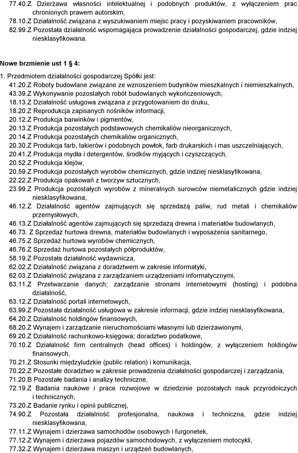 Nowe brzmienie ust 1 4: 1. Przedmiotem działalności gospodarczej Spółki jest: 41.20.Z Roboty budowlane związane ze wznoszeniem budynków mieszkalnych i niemieszkalnych, 43.39.
