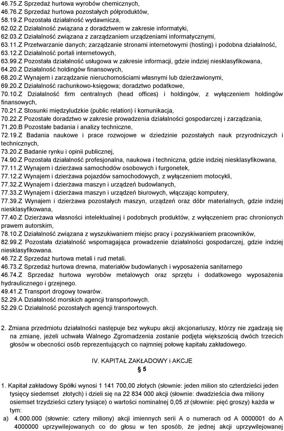 Z Przetwarzanie danych; zarządzanie stronami internetowymi (hosting) i podobna działalność, 63.12.Z Działalność portali internetowych, 63.99.