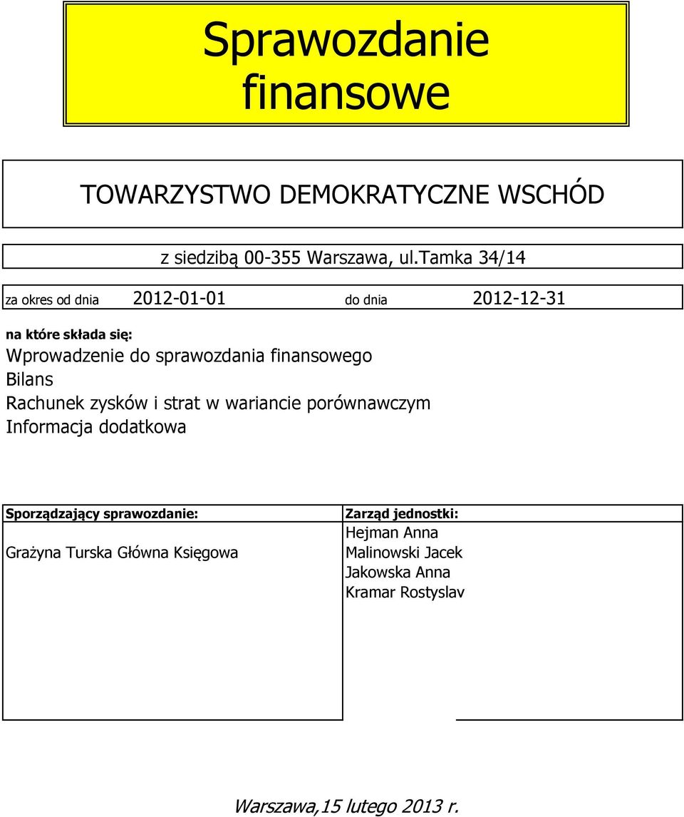 finansowego Rachunek zysków i strat w wariancie porównawczym Informacja dodatkowa Sporządzający sprawozdanie: