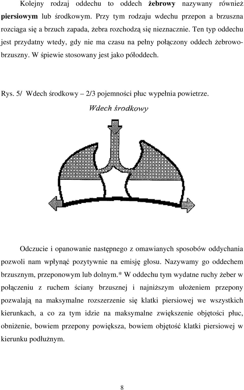 5/ Wdech środkowy 2/3 pojemności płuc wypełnia powietrze. Odczucie i opanowanie następnego z omawianych sposobów oddychania pozwoli nam wpłynąć pozytywnie na emisję głosu.