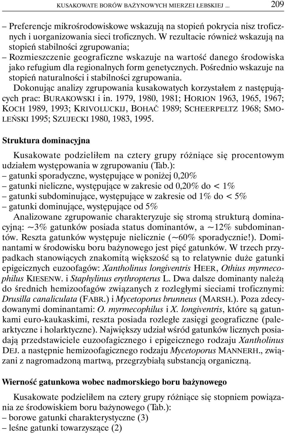 Pośrednio wskazuje na stopień naturalności i stabilności zgrupowania. Dokonując analizy zgrupowania kusakowatych korzystałem z następujących prac: BURAKOWSKI i in.