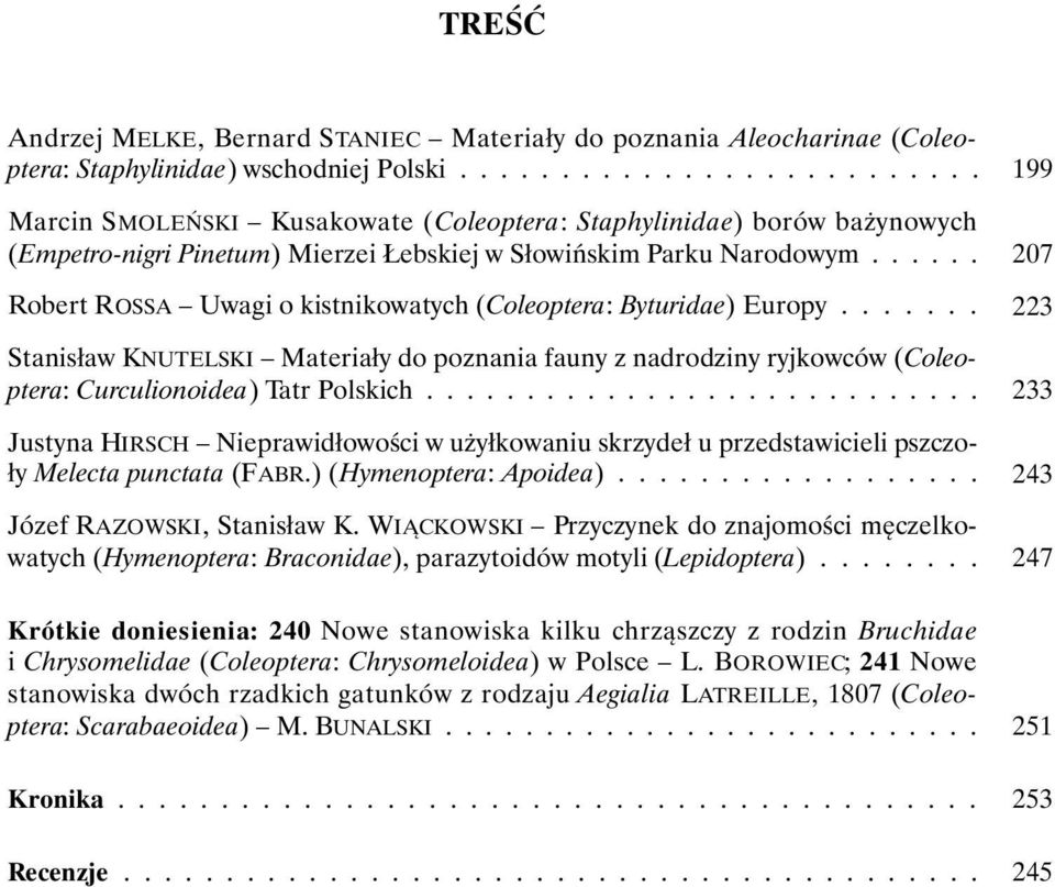 ..... Robert ROSSA Uwagi o kistnikowatych (Coleoptera: Byturidae) Europy....... Stanisław KNUTELSKI Materiały do poznania fauny z nadrodziny ryjkowców (Coleoptera: Curculionoidea) Tatr Polskich.
