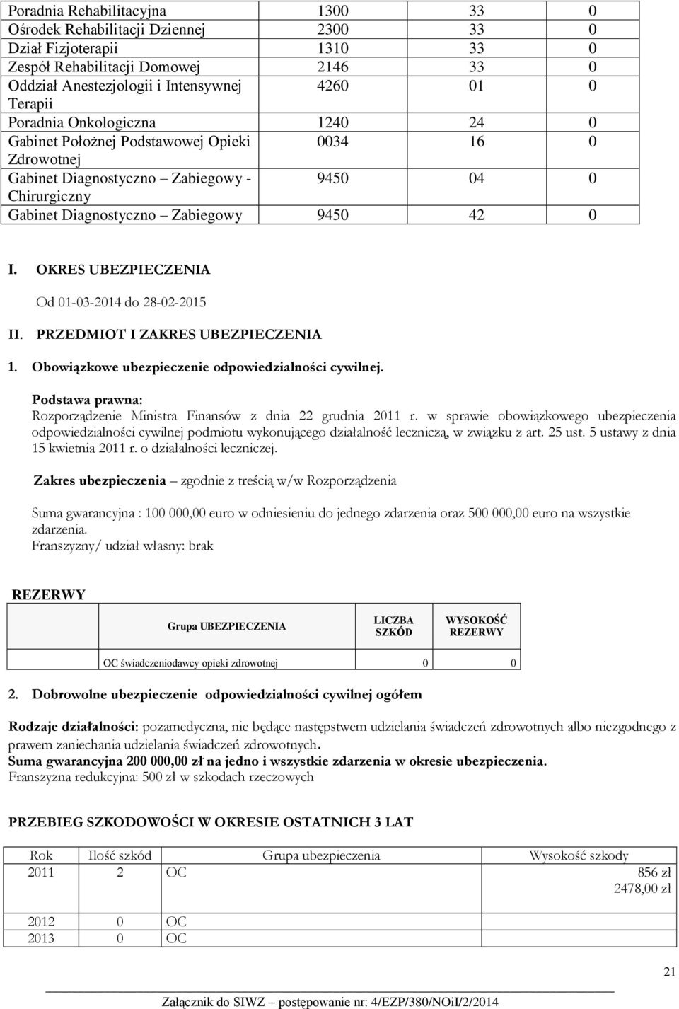 OKRES UBEZPIECZENIA Od 01-03-2014 do 28-02-2015 II. PRZEDMIOT I ZAKRES UBEZPIECZENIA 1. Obowiązkowe ubezpieczenie odpowiedzialności cywilnej.