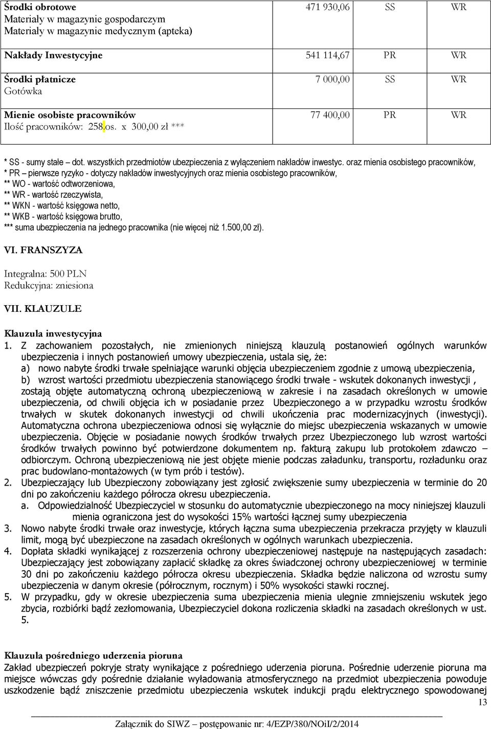 oraz mienia osobistego pracowników, * PR pierwsze ryzyko - dotyczy nakładów inwestycyjnych oraz mienia osobistego pracowników, ** WO - wartość odtworzeniowa, ** WR - wartość rzeczywista, ** WKN -