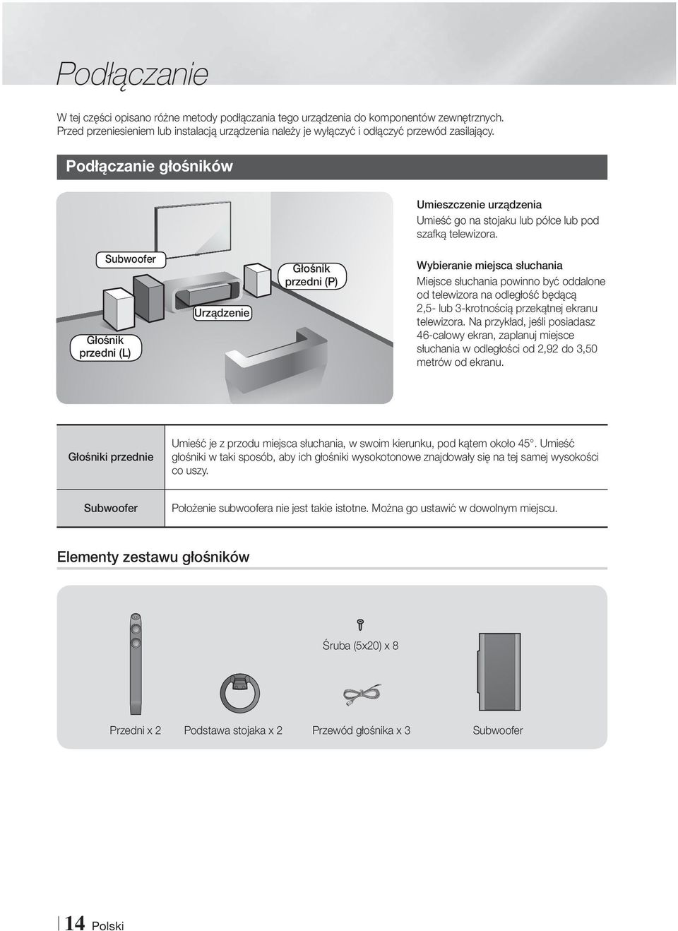 Subwoofer Głośnik przedni (L) Urządzenie Głośnik przedni (P) Wybieranie miejsca słuchania Miejsce słuchania powinno być oddalone od telewizora na odległość będącą 2,5- lub 3-krotnością przekątnej