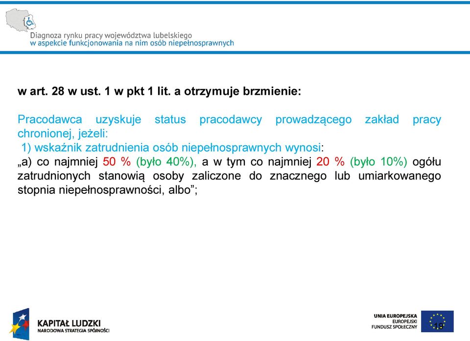 chronionej, jeżeli: 1) wskaźnik zatrudnienia osób niepełnosprawnych wynosi: a) co najmniej 50