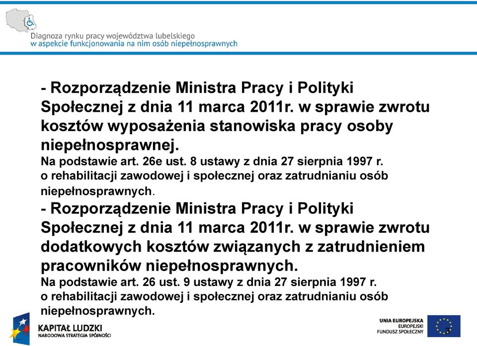 - Rozporządzenie Ministra Pracy i Polityki Społecznej z dnia 11 marca 2011r.