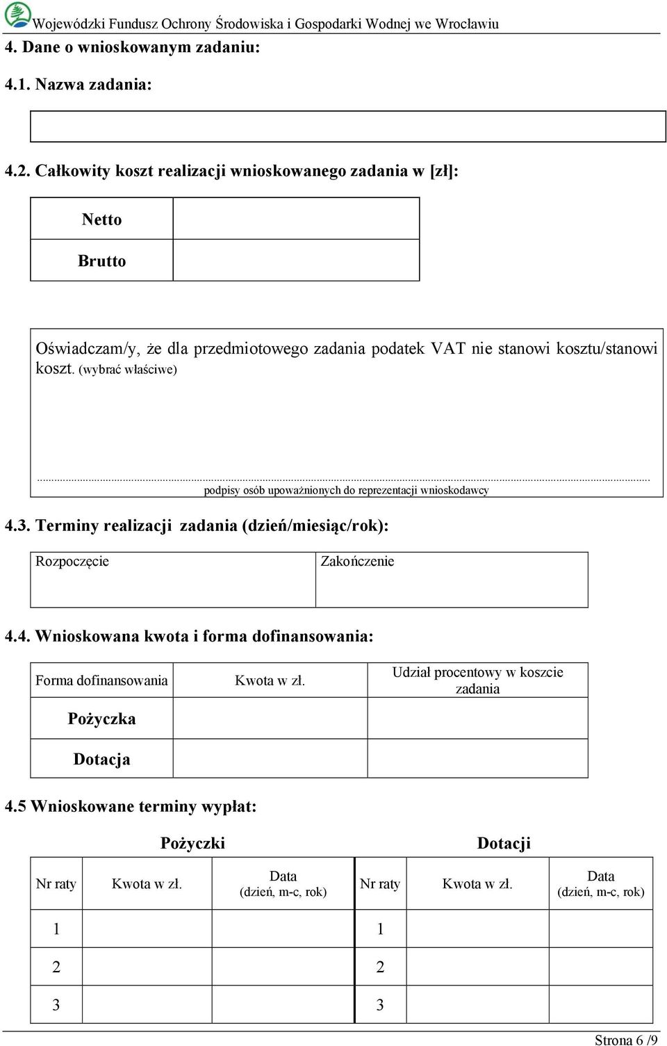 (wybrać właściwe)... podpisy osób upoważnionych do reprezentacji wnioskodawcy 4.3. Terminy realizacji zadania (dzień/miesiąc/rok): Rozpoczęcie Zakończenie 4.4. Wnioskowana kwota i forma dofinansowania: Forma dofinansowania Pożyczka Kwota w zł.