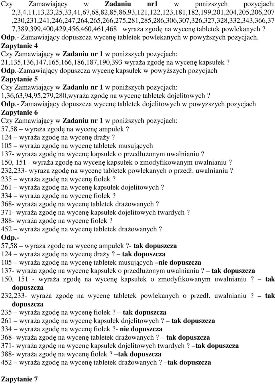 7,389,399,400,429,456,460,461,468 wyraża zgodę na wycenę tabletek powlekanych? Odp.- Zamawiający dopuszcza wycenę tabletek powlekanych w powyższych pozycjach.