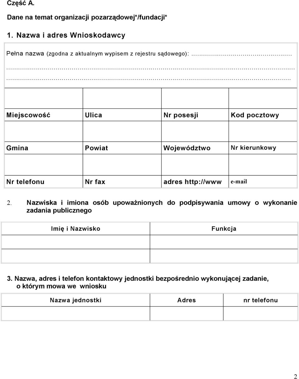 ........ Miejscowość Ulica Nr posesji Kod pocztowy Gmina Powiat Województwo Nr kierunkowy Nr telefonu Nr fax adres http://www e-mail 2.