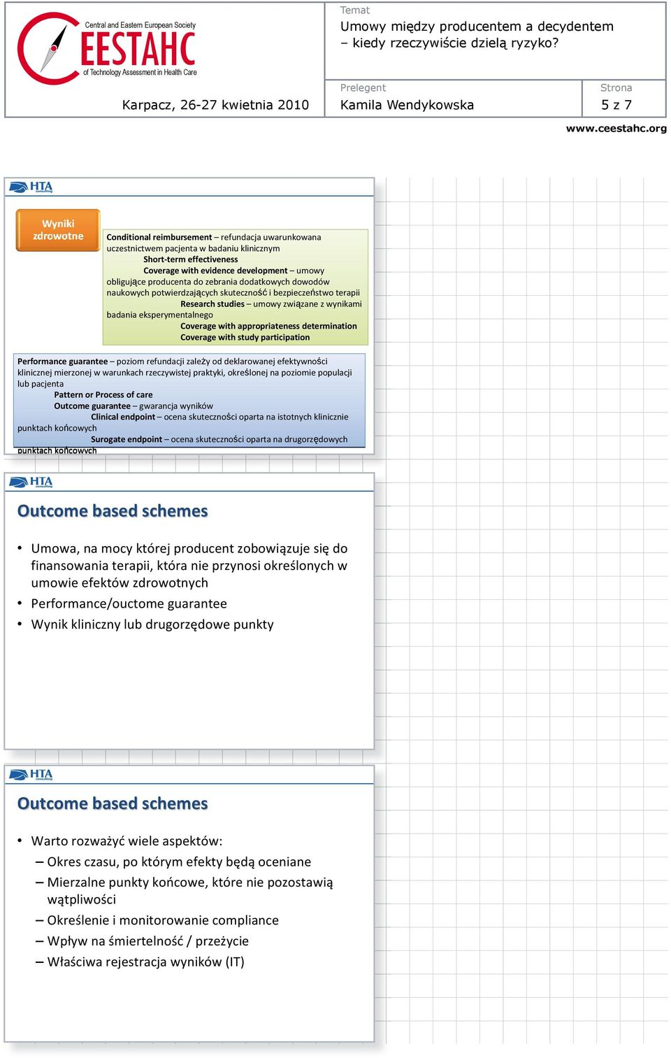 appropriateness determination Coverage with study participation Performance guarantee poziom refundacji zale y od deklarowanej efektywno ci klinicznej mierzonej w warunkach rzeczywistej praktyki,