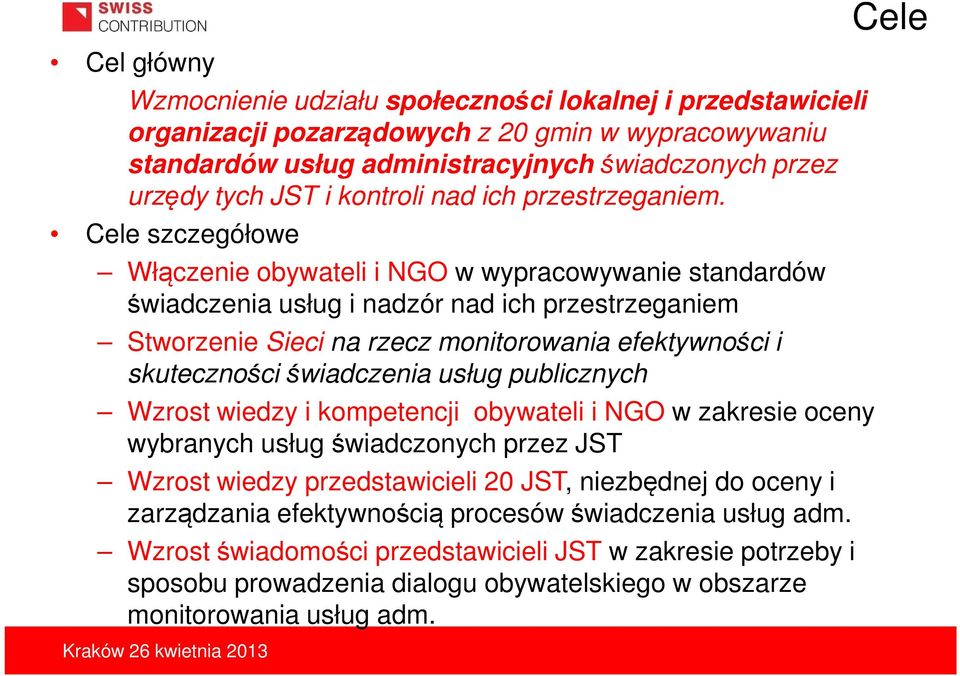 Cele szczegółowe Włączenie obywateli i NGO w wypracowywanie standardów świadczenia usług i nadzór nad ich przestrzeganiem Stworzenie Sieci na rzecz monitorowania efektywności i skuteczności