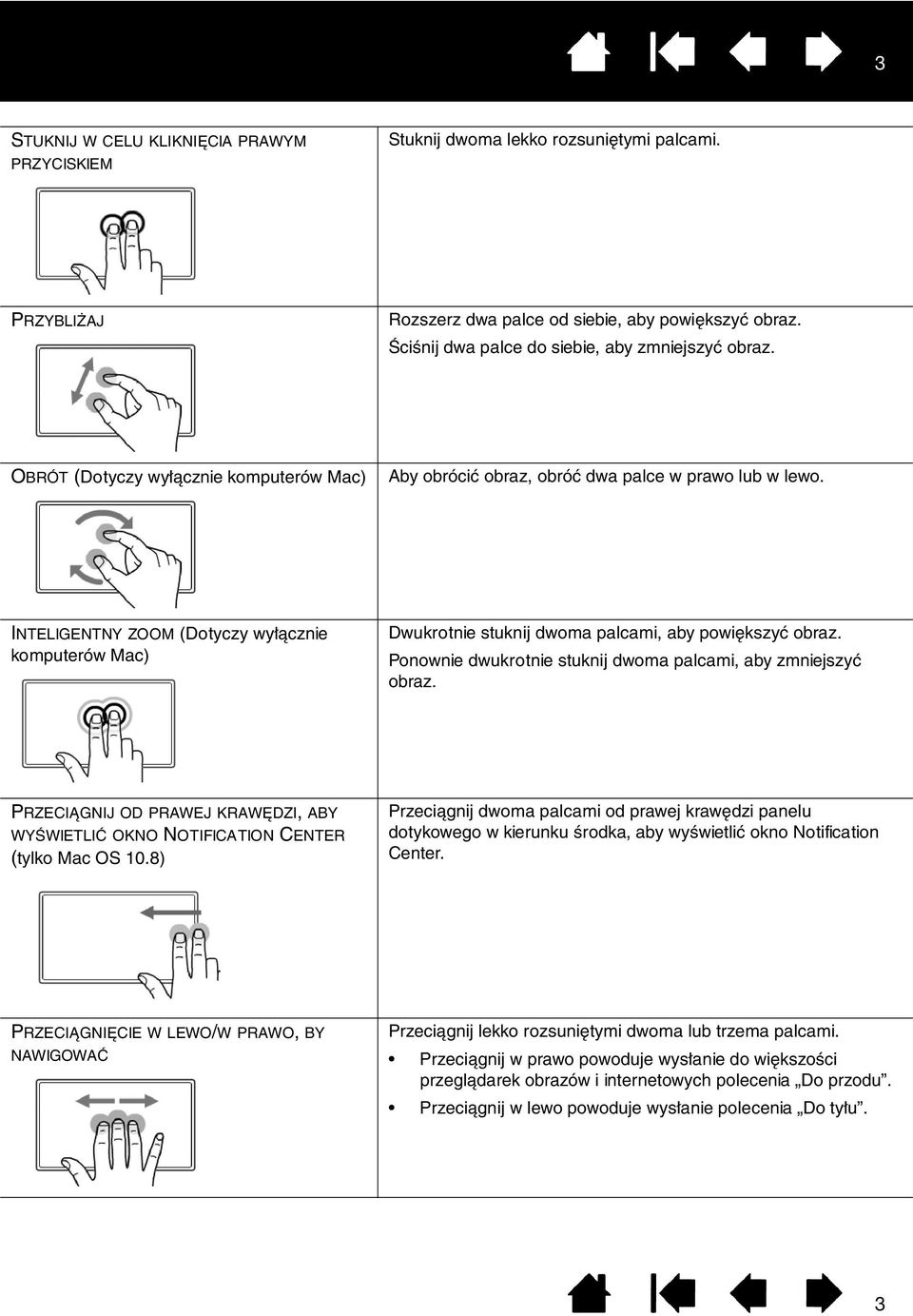 INTELIGENTNY ZOOM (Dotyczy wyłącznie komputerów Mac) Dwukrotnie stuknij dwoma palcami, aby powiększyć obraz. Ponownie dwukrotnie stuknij dwoma palcami, aby zmniejszyć obraz.