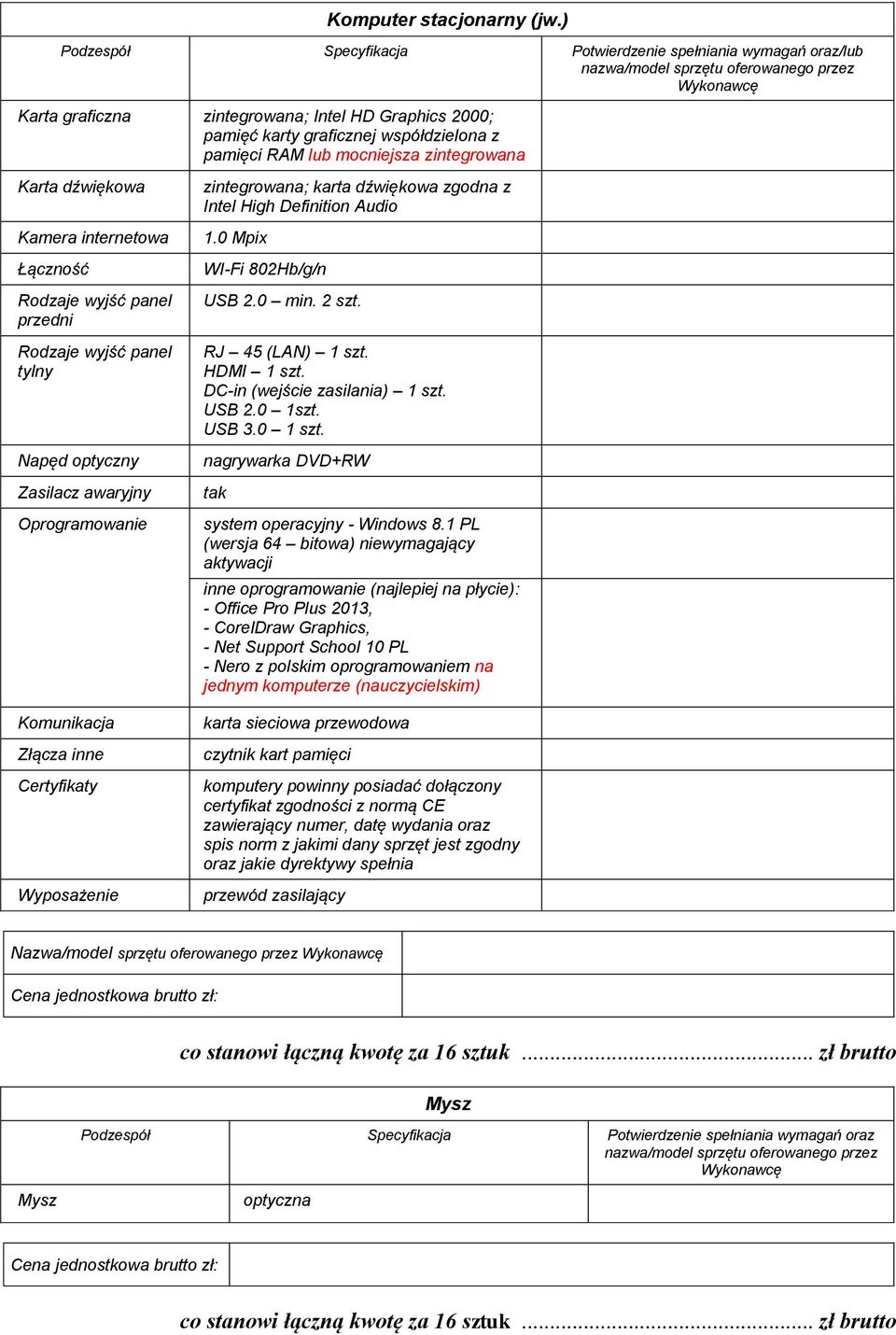 panel przedni Rodzaje wyjść panel tylny Napęd optyczny Zasilacz awaryjny Oprogramowanie Komunikacja Złącza inne Certyfikaty Wyposażenie zintegrowana; karta dźwiękowa zgodna z Intel High Definition