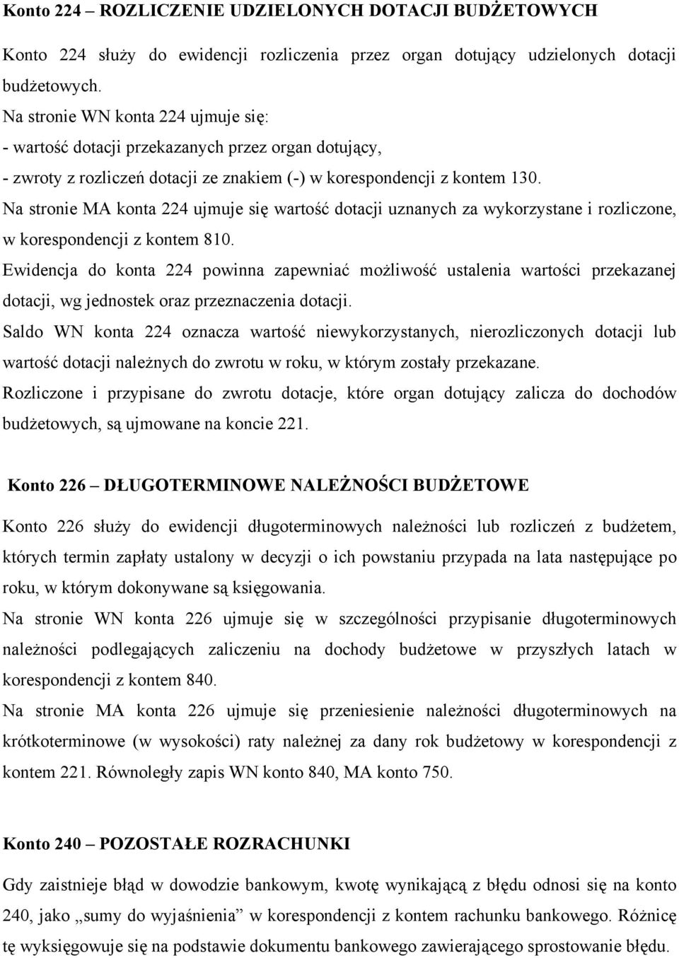 Na stronie MA konta 224 ujmuje się wartość dotacji uznanych za wykorzystane i rozliczone, w korespondencji z kontem 810.