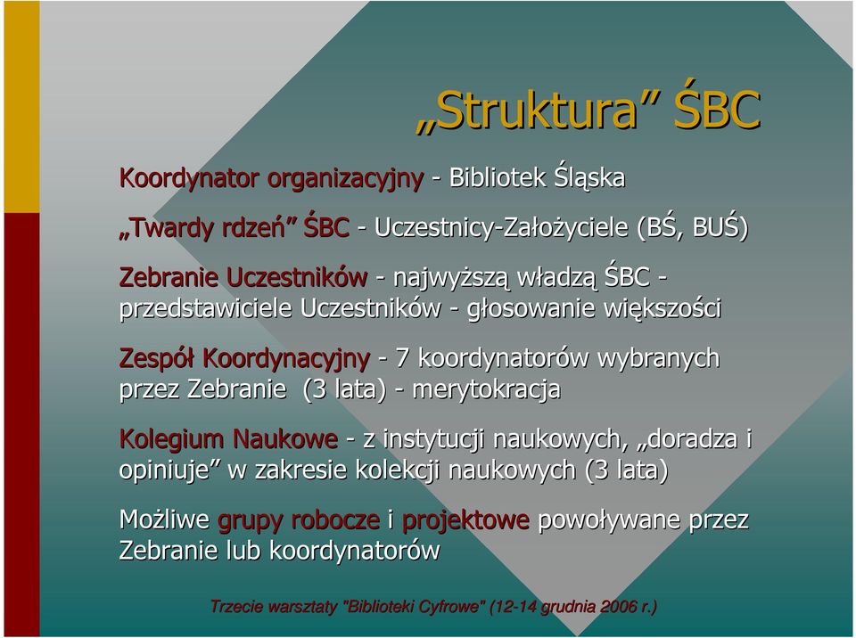 Koordynacyjny - 7 koordynatorów w wybranych przez Zebranie (3 lata) - merytokracja Kolegium Naukowe - z instytucji