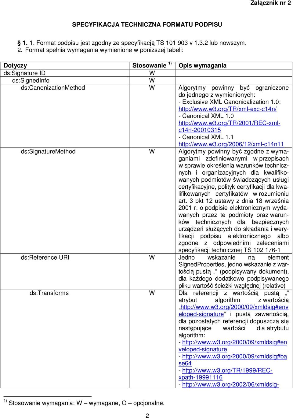 Format spełnia wymagania wymienione w poniższej tabeli: Dotyczy Stosowanie 1) Opis wymagania ds:signature ID W ds:signedinfo W ds:canonizationmethod W Algorytmy powinny być ograniczone do jednego z