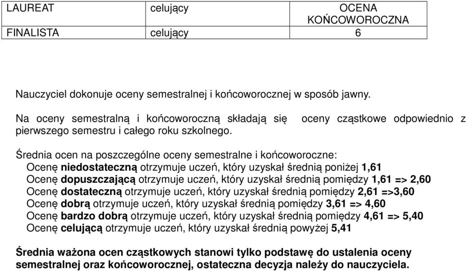 oceny cząstkowe odpowiednio z Średnia ocen na poszczególne oceny semestralne i końcoworoczne: Ocenę niedostateczną otrzymuje uczeń, który uzyskał średnią poniżej 1,61 Ocenę dopuszczającą otrzymuje