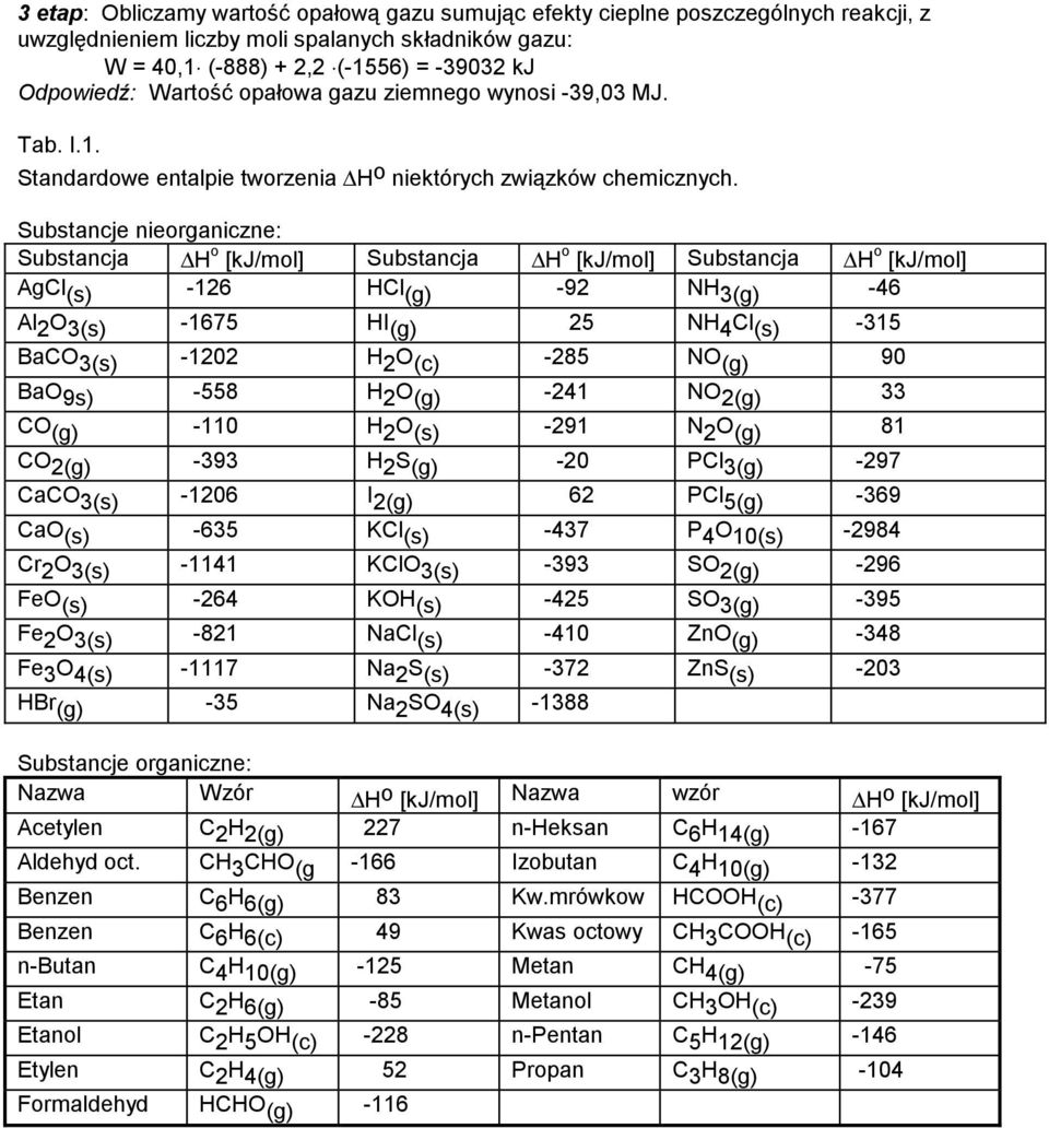 Substancje nieorganiczne: Substancja H o [kj/mol] Substancja H o [kj/mol] Substancja H o [kj/mol] AgCl (s) -126 HCl (g) -92 NH 3(g) -46 Al 2 O 3(s) -1675 HI (g) 25 NH 4 Cl (s) -315 BaCO 3(s) -1202 H