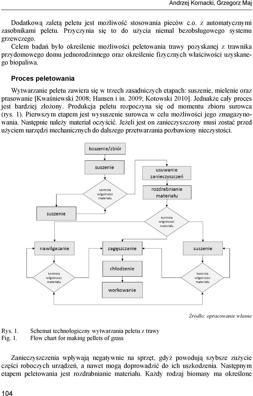 Proces peletowania Wytwarzanie peletu zawiera się w trzech zasadniczych etapach: suszenie, mielenie oraz prasowanie [Kwaśniewski 2008; Hansen i in. 2009; Kotowski 2010].
