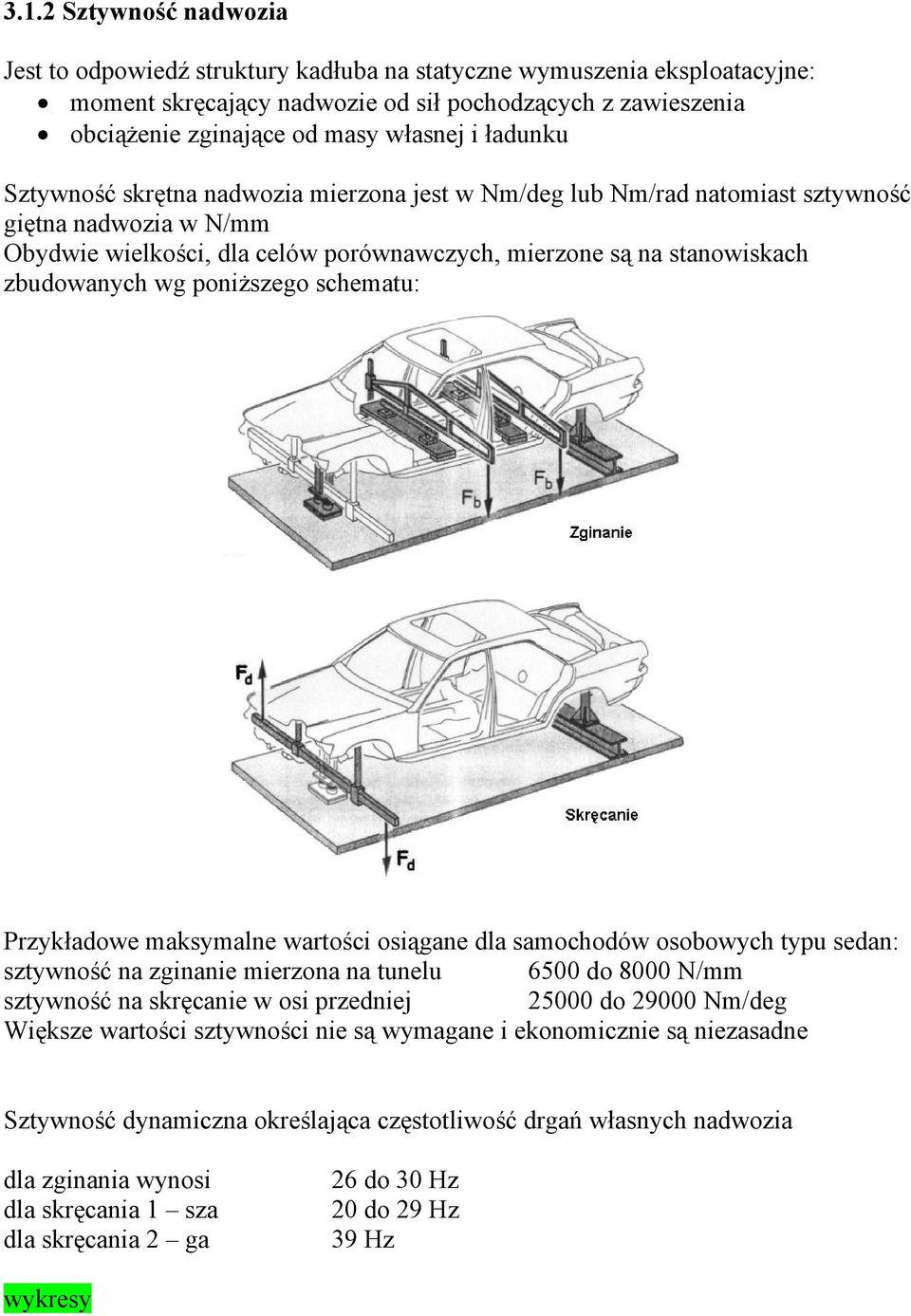 poniższego schematu: Przykładowe maksymalne wartości osiągane dla samochodów osobowych typu sedan: sztywność na zginanie mierzona na tunelu 6500 do 8000 N/mm sztywność na skręcanie w osi przedniej