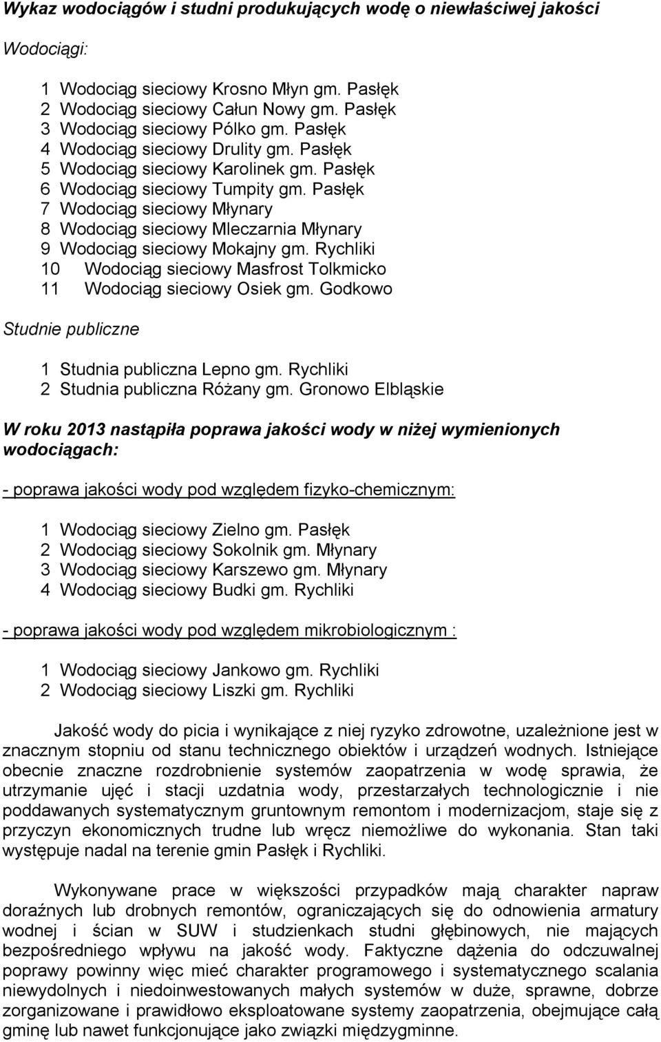 Pasłęk 7 Wodociąg sieciowy Młynary 8 Wodociąg sieciowy Mleczarnia Młynary 9 Wodociąg sieciowy Mokajny gm. Rychliki 10 Wodociąg sieciowy Masfrost Tolkmicko 11 Wodociąg sieciowy Osiek gm.