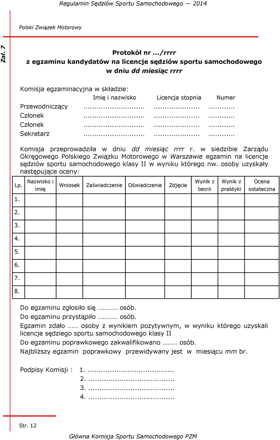 w siedzibie Zarządu Okręgowego Polskiego Związku Motorowego w Warszawie egzamin na licencje sędziów sportu samochodowego klasy II w wyniku którego nw. osoby uzyskały następujące oceny: Lp.