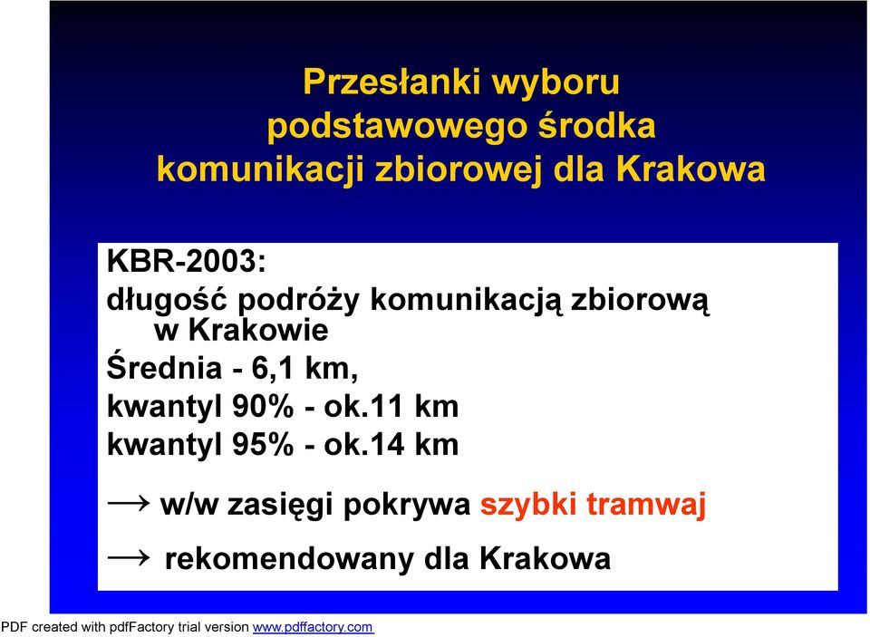 Krakowie Średnia - 6,1 km, kwantyl 90% - ok.