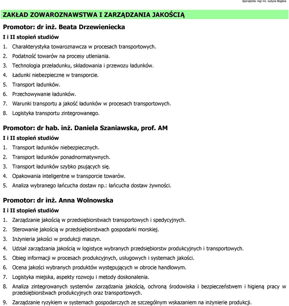 Warunki transportu a jakość ładunków w procesach transportowych. 8. Logistyka transportu zintegrowanego. Promotor: dr hab. inż. Daniela Szaniawska, prof. AM 1. Transport ładunków niebezpiecznych. 2.