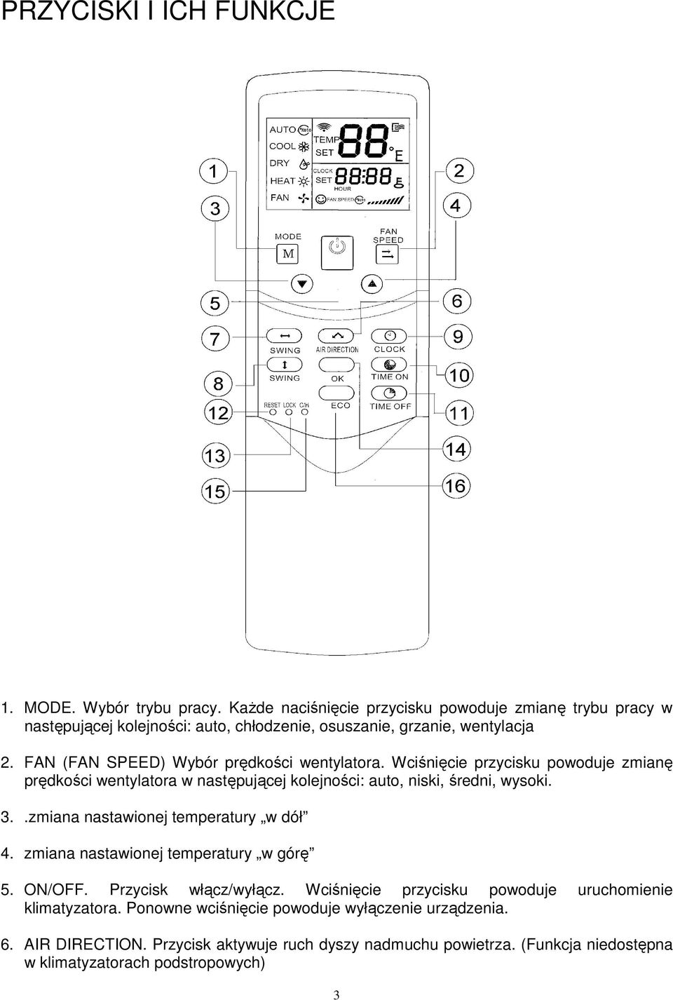 FAN (FAN SPEED) Wybór prędkości wentylatora. Wciśnięcie przycisku powoduje zmianę prędkości wentylatora w następującej kolejności: auto, niski, średni, wysoki. 3.