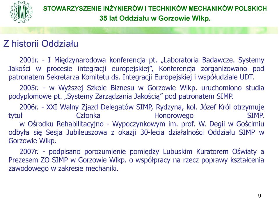 - XXI Walny Zjazd Delegatów SIMP, Rydzyna, kol. Józef Król otrzymuje tytuł Członka Honorowego SIMP. wośrodku Rehabilitacyjno - Wypoczynkowym im. prof. W. Degii w Gościmiu odbyła ł się Sesja Jubileuszowa z okazji 30-lecia działalności ł ś i Oddziału ł SIMP w Gorzowie Wlkp.